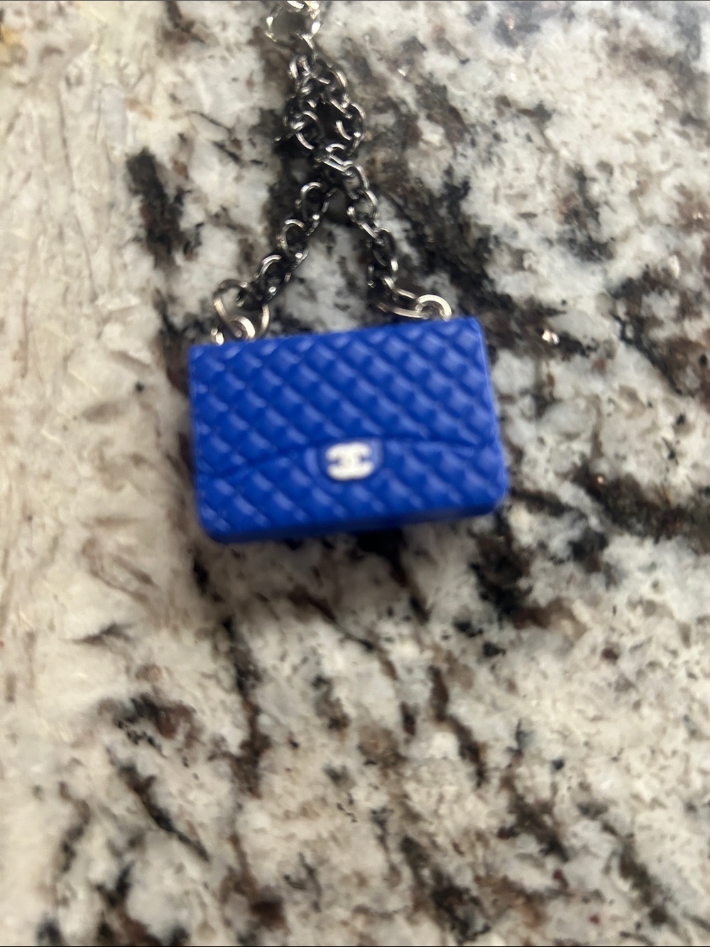 Blue Quilted Mini Bag Key Holder with Chain - Picture 3 of 4